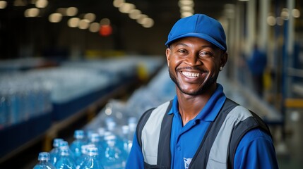 A factory worker in uniform is happy to be part of a modern bottling production line.