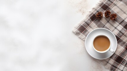 a cup of steaming coffee and a plaid set against a clean white background, the winter concept in a top-down flat lay style, providing generous copy space for holiday messages or branding - obrazy, fototapety, plakaty