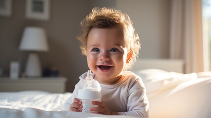 Cheerful baby enjoying milk from a bottle in a sunny room. Joyful baby with feeding bottle