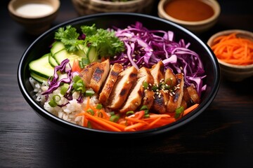 korean bibimbap bowl with chicken, chicken rice bowl with garnishes photo.