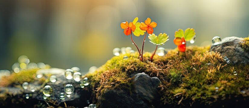 The beautiful cloudberry surrounded by a breathtaking autumn backdrop of green orange and red leaves against the mountains created a stunning bokeh effect and showcased the natural beauty of