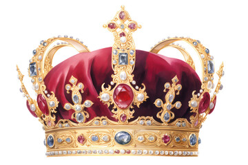 Fototapeta premium A watercolor depiction of Victorian-era royal crowns for a queen and princess, adorned with gold, gemstones, and diamonds. Isolated on a white background.