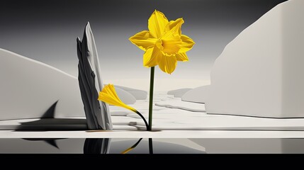  a yellow flower sitting in the middle of a pool of water next to a white rock formation with a black and white background.  generative ai
