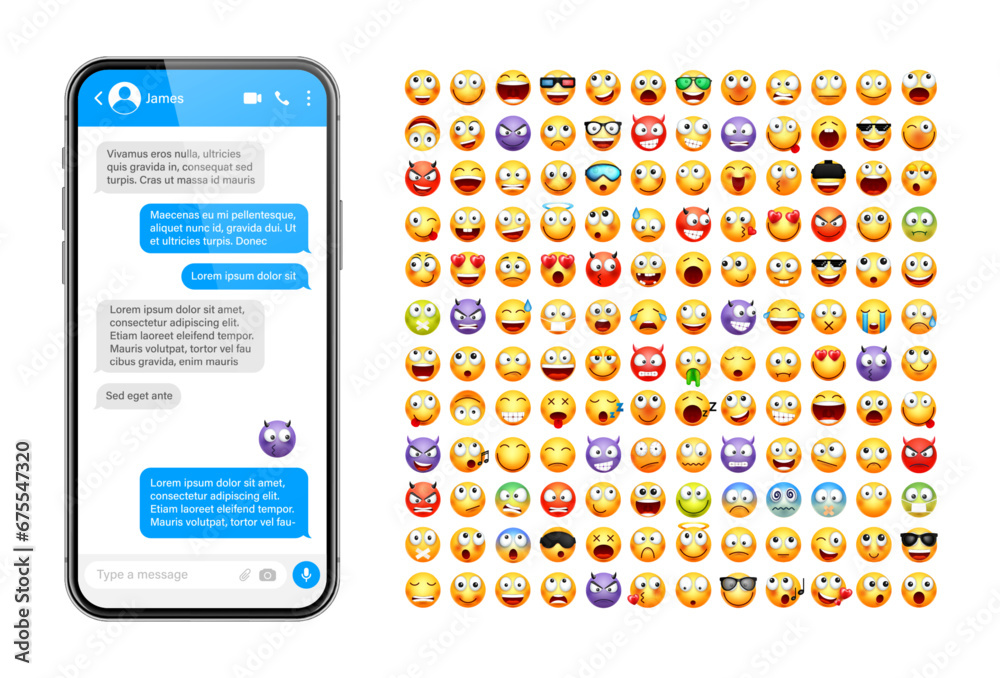 Wall mural smartphone messaging app, user interface design with emoji. sms text frame. chat screen with blue me