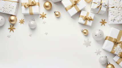 gift boxes adorned with ribbons alongside Christmas tree decorations, glistening balls, and sparkling snowflakes on a pristine white background, in flat style, top view, with ample copy space