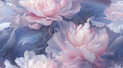  a painting of pink and white flowers on a blue and pink background with swirls of blue and pink on the petals.  generative ai