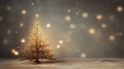 Miniature Gold Decorated Christmas Tree with Golden Glowing Lights Background Against a Gold/Gray Textured Backdrop - Faux Snowflakes Falling Effect with Copy Space - Xmas Concept