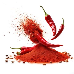  spicy powder, red chili pepper, and pepper on white background.