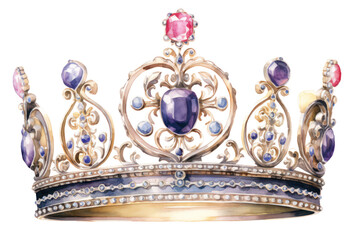 Victorian royal crowns for a queen and princess portrayed in watercolor, enriched with gold, gemstones, and diamonds. Isolated on a white background.