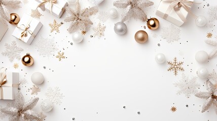 gift boxes adorned with ribbons alongside Christmas tree decorations, glistening balls, and sparkling snowflakes on a pristine white background, in flat style, top view, with ample copy space