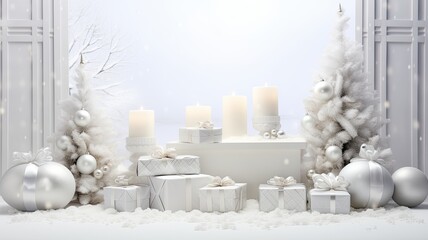 gift boxes featuring ribbons, surrounded by Christmas tree decorations, glistening balls, and glimmering snowflakes.
