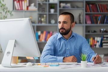 Fototapeta premium Bearded businessman working on computer in office. Video online webinar.