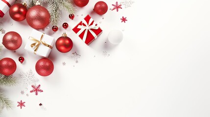 Obraz premium gift boxes adorned with ribbons alongside Christmas tree decorations, glistening balls, and sparkling snowflakes on a pristine white background, in flat style, top view, with ample copy space