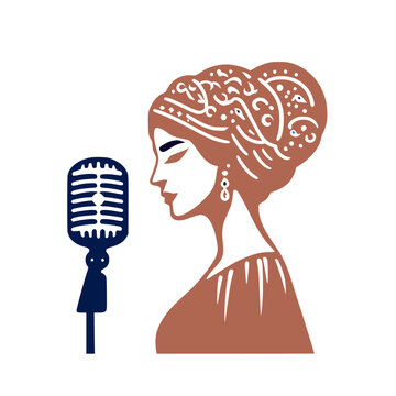 Stage Presence: Confident Female Vocalist, concept illustration in Arab style atmosphere, a proud women singer in front of her microphone