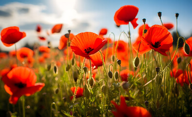 Sunlit poppy field with vibrant red petals and delicate buds, embodying the warm essence of summer.