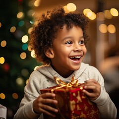Naklejka premium Children at Christmas with presents