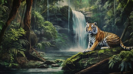 An Indochinese tiger with a lush waterfall as a backdrop, illustrating the beauty of its habitat.