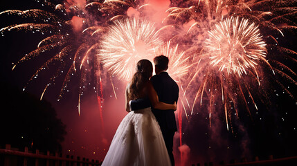 Silhouettes of a bride and groom in front of a nighttime fireworks display - obrazy, fototapety, plakaty