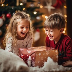 Obraz na płótnie Canvas Children at Christmas with presents