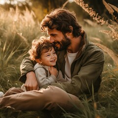 Father hugging child outside in nature