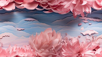  a painting of pink flowers on a blue and pink background with clouds and a blue sky in the back ground.  generative ai