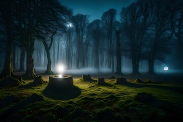 A mystical stone circle shrouded in mist and surrounded by ancient trees - AI Generative