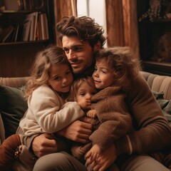 Father hugging children in a house