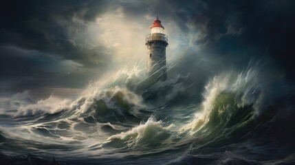  a painting of a lighthouse in the middle of a large body of water with a stormy sky in the background.  generative ai - obrazy, fototapety, plakaty