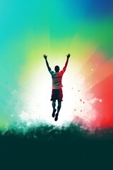 Fototapeta na wymiar Silhouette of a person with arms raised, Silhouette of a happy sportsman after winning game, happily jumping man around colorful gradient, Man showing Victory sign after winning marathon 