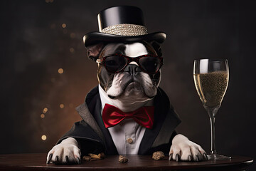 Boston Terrier drinking champagne on New Year's Eve party. Generative AI. Generative AI - obrazy, fototapety, plakaty