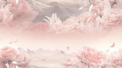  a painting of pink peonies and butterflies flying over a mountain range with a pink sky in the background.  generative ai