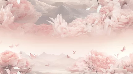 Papier Peint photo Lavable Papillons en grunge  a painting of pink peonies and butterflies flying over a mountain range with a pink sky in the background.  generative ai