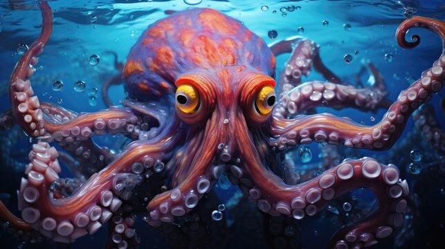  a painting of an octopus with yellow eyes and a purple octopus with yellow eyes and a blue body of water.  generative ai