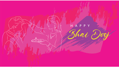 Beautiful illustration of celebrating Bhai Dooj celebrating in India. Line drawing showing Happy Bhai Dooj festival.Pink background.