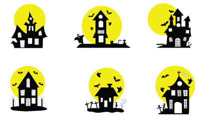 6 Haunted House silhouette collection. scary halloween house bundle set.
