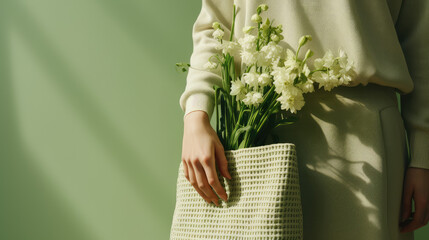 Close-up of a woman holding spring flowers and a bag in her hand. Spring sale, femininity, tenderness, copy space. 