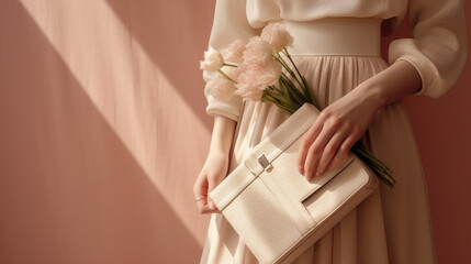 Close-up of a woman holding spring flowers and a bag in her hand. Spring sale, femininity, tenderness, copy space. 