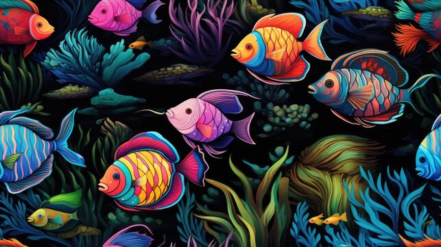  a painting of a group of colorful fish in a sea of seaweed and corals on a black background.  generative ai