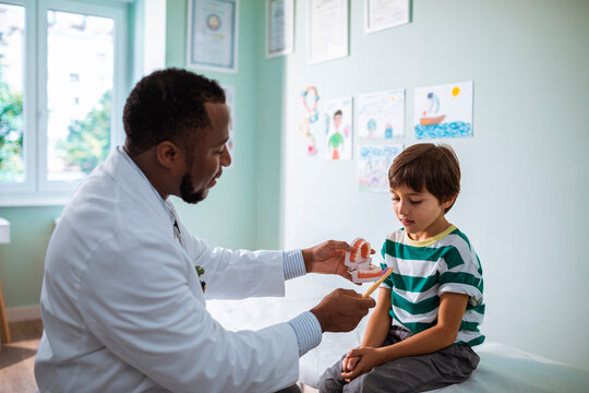 Dental Education in Pediatric Clinic. African American pediatrician teaching young boy how to brush teeth on dental model