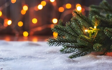 Beautiful winter background image of frosted spruce branches and small drifts of pure snow with bokeh Christmas lights and space for text.