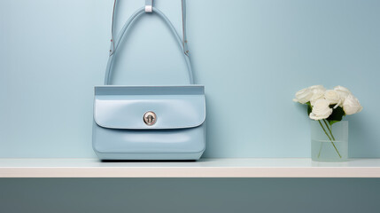 Сoat rack with female bag. Open closet with street clothes. Creative concept of choosing accessories, personal stylist, making a stylish outfit.