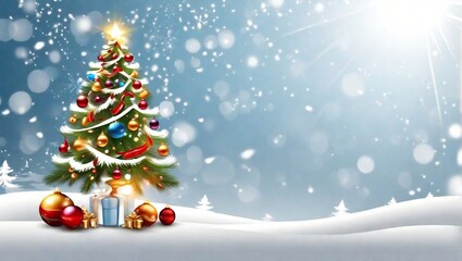 Beautiful decorated Christmas tree on light background, space for text. Banner design