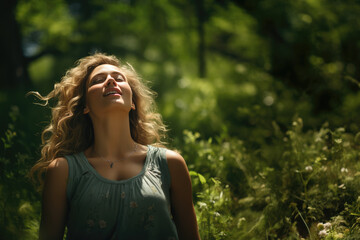 Woman closing eyes and inhaling in the nature