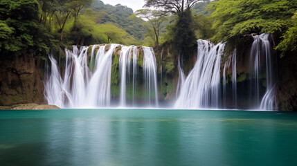 Beautiful waterfall in tropical forest, long exposure, panoramic view. 