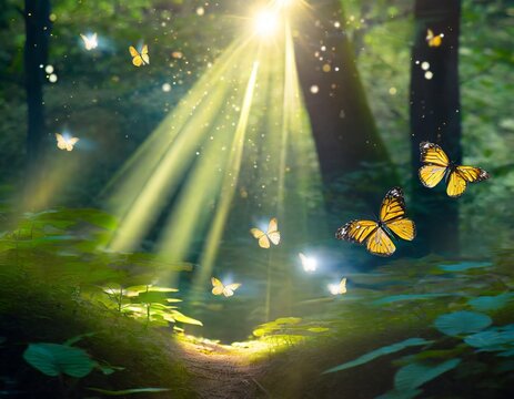 森の葉の間から差し込む光とその周りを飛ぶ蝶