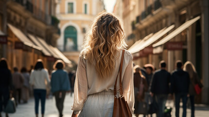 attractive blonde woman with shopping bags walking on a city street. - obrazy, fototapety, plakaty