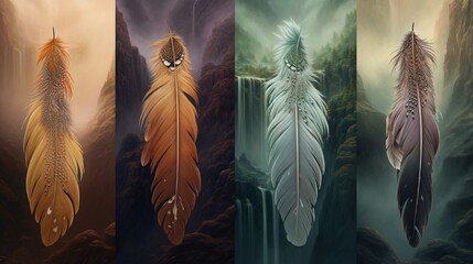 Exquisite feathers in a variety of hues, each one adorned with dewdrops, creating a stunning visual against a misty canyon.