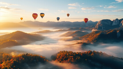 Multiple air balloons flying over mountains, sunrise
