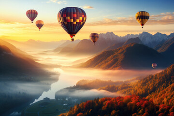 Multiple air balloons flying over mountains, sunrise