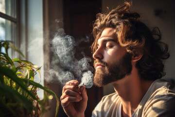 Young man smoking marijuana joint
